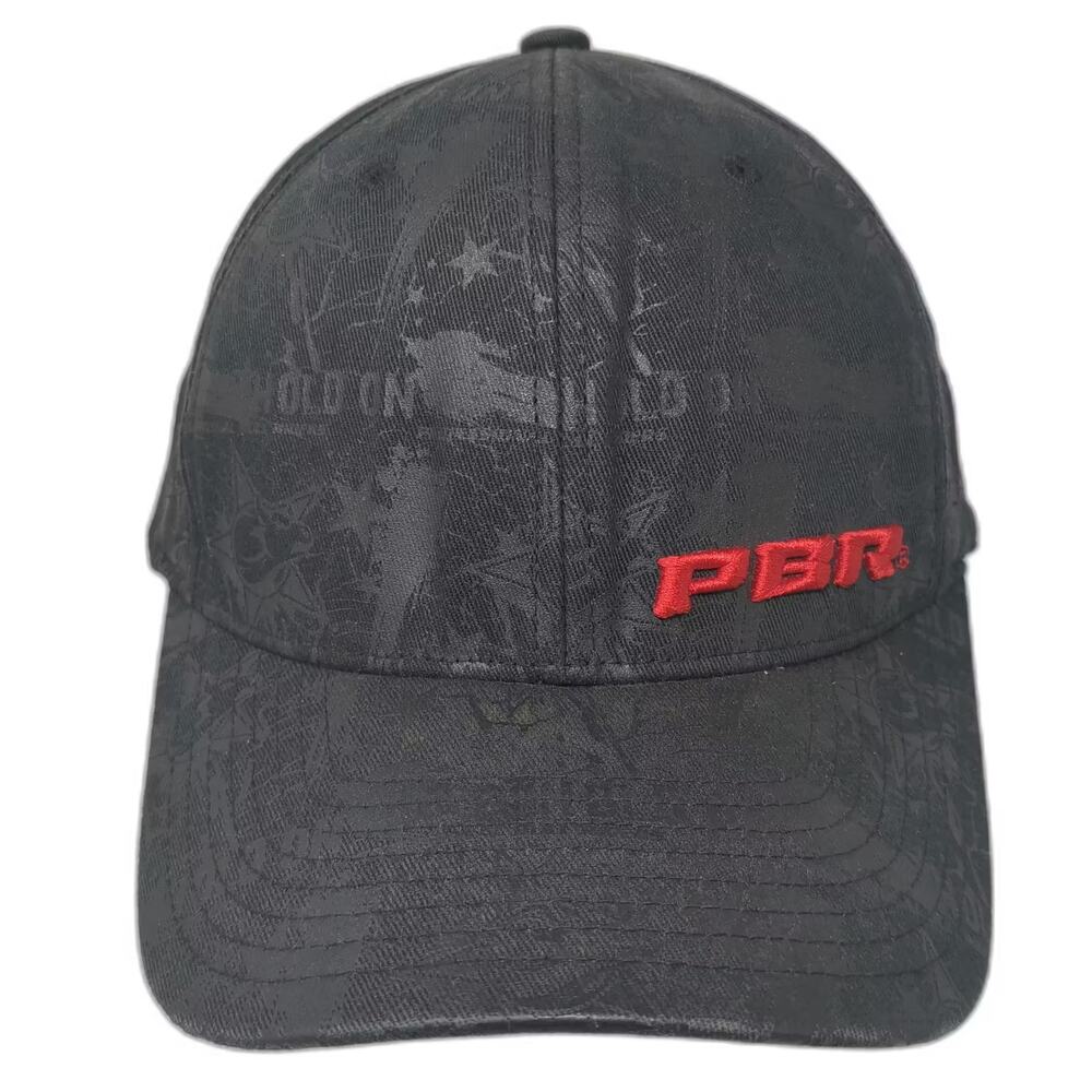 PBR Baseball Cap Black Red XL Flexfit Hat Embroidered All Over Print Bull Riding